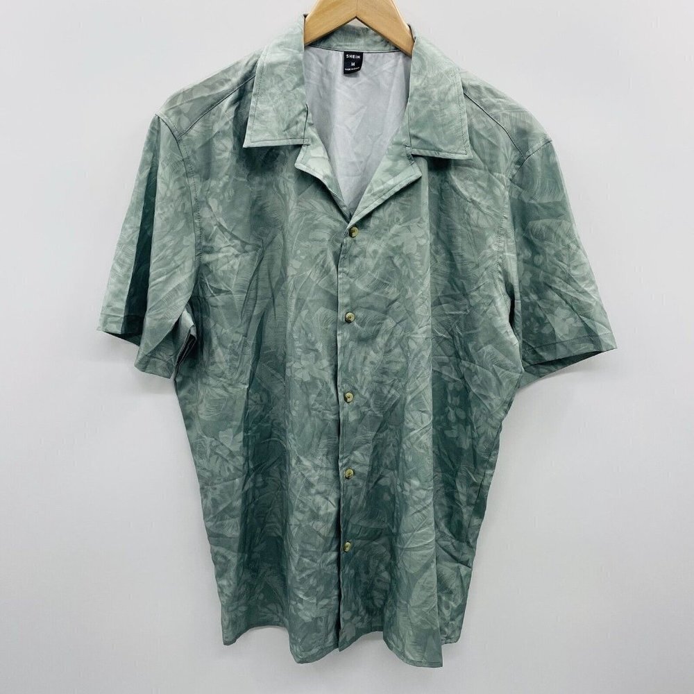 Shein Mens Size Medium Short Sleeve Tropical Casual Button Down Shirt Green 2305